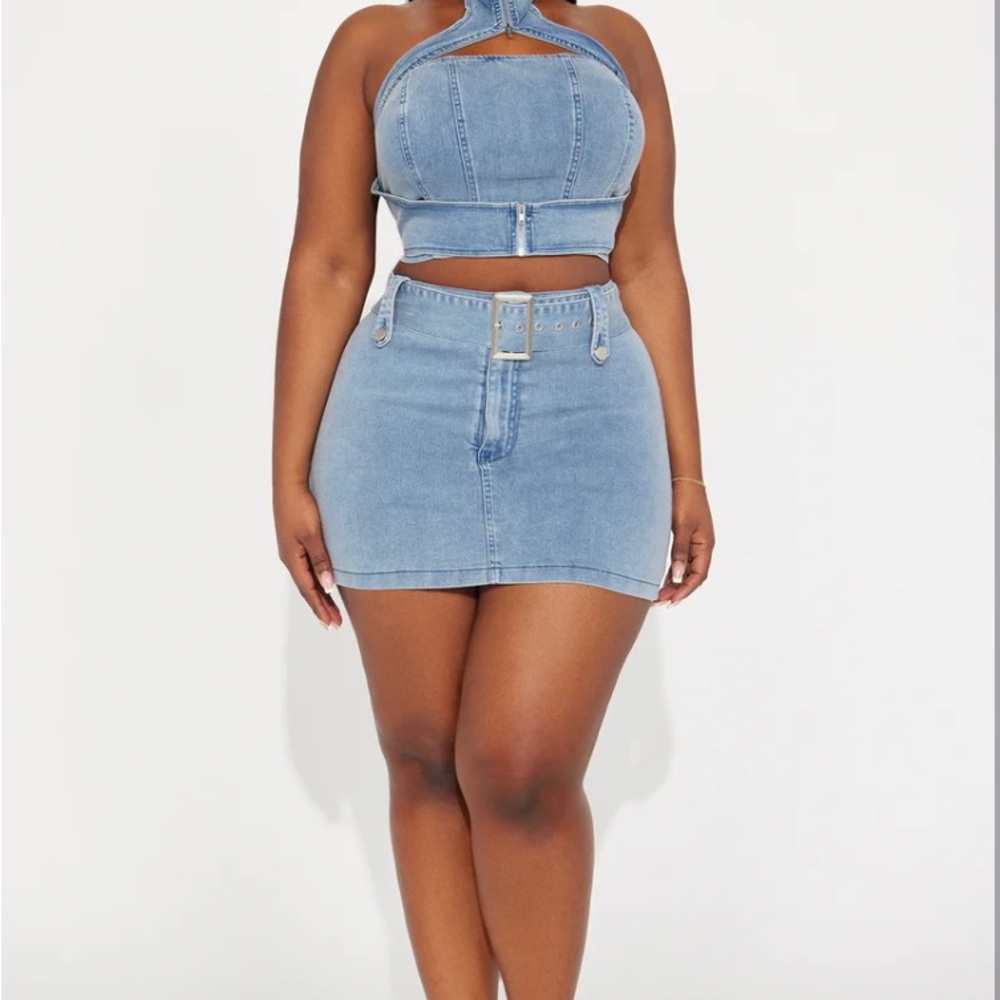 Chic Denim Halter Top and Skirt Set